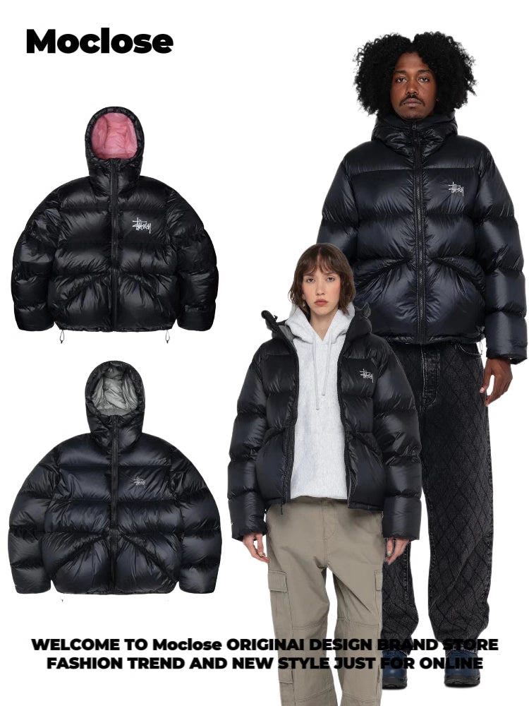 STUSSY 23FW Micro Ripstop Down Parka Black Pink Solid Color Zip Hooded Down Jackets