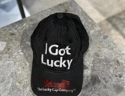 Vetements 22FW Washed Gray Embroidered Baseball Cap ’I Got Lucky’ Long Brim Hat