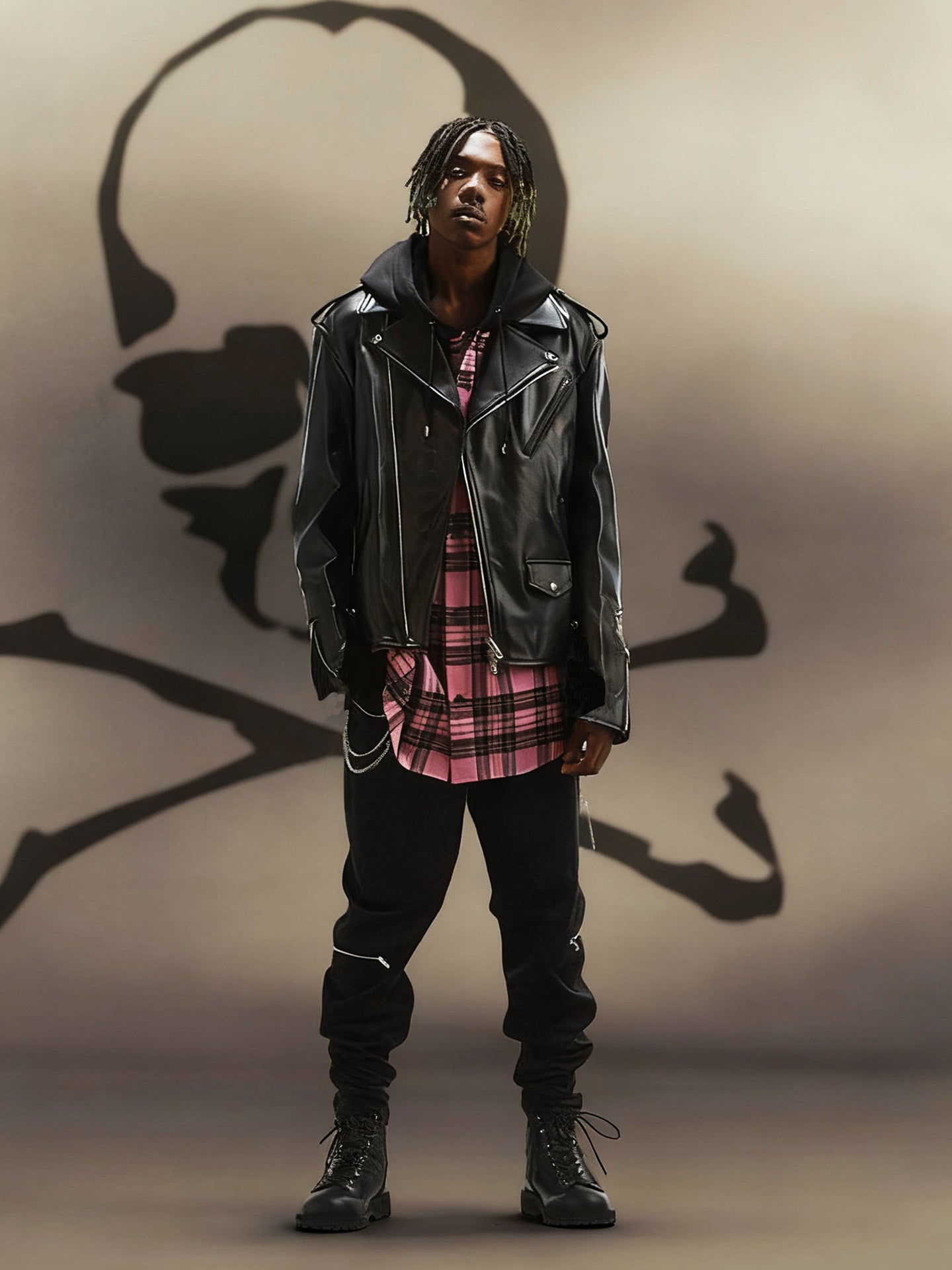 MASTERMIND Skull Embroidery Cowhide Biker Jacket - Luxury Darkwear