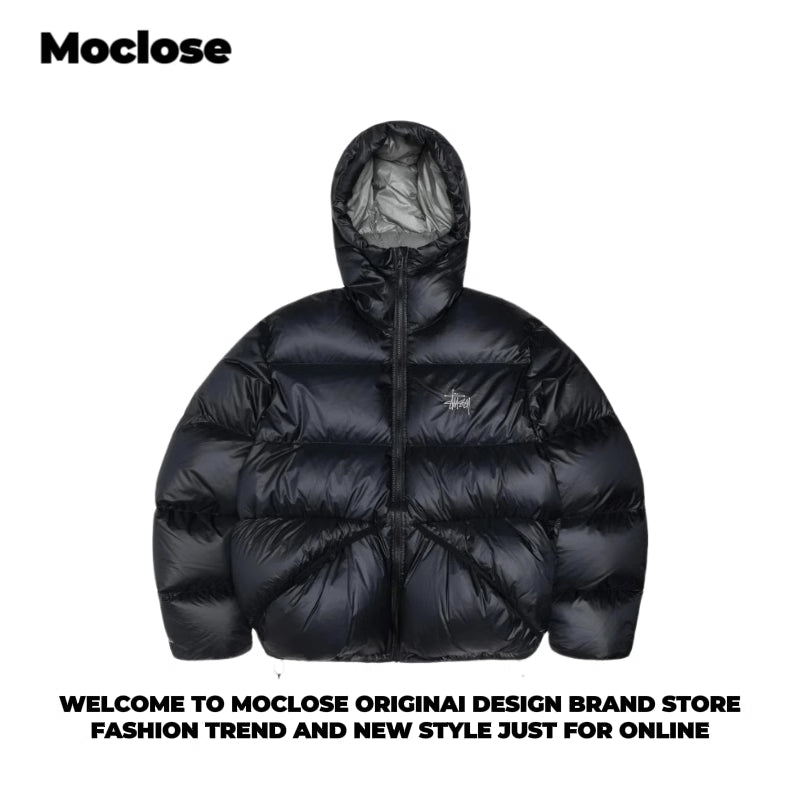 STUSSY 23FW Micro Ripstop Down Parka Black Pink Solid Color Zip Hooded Down Jackets