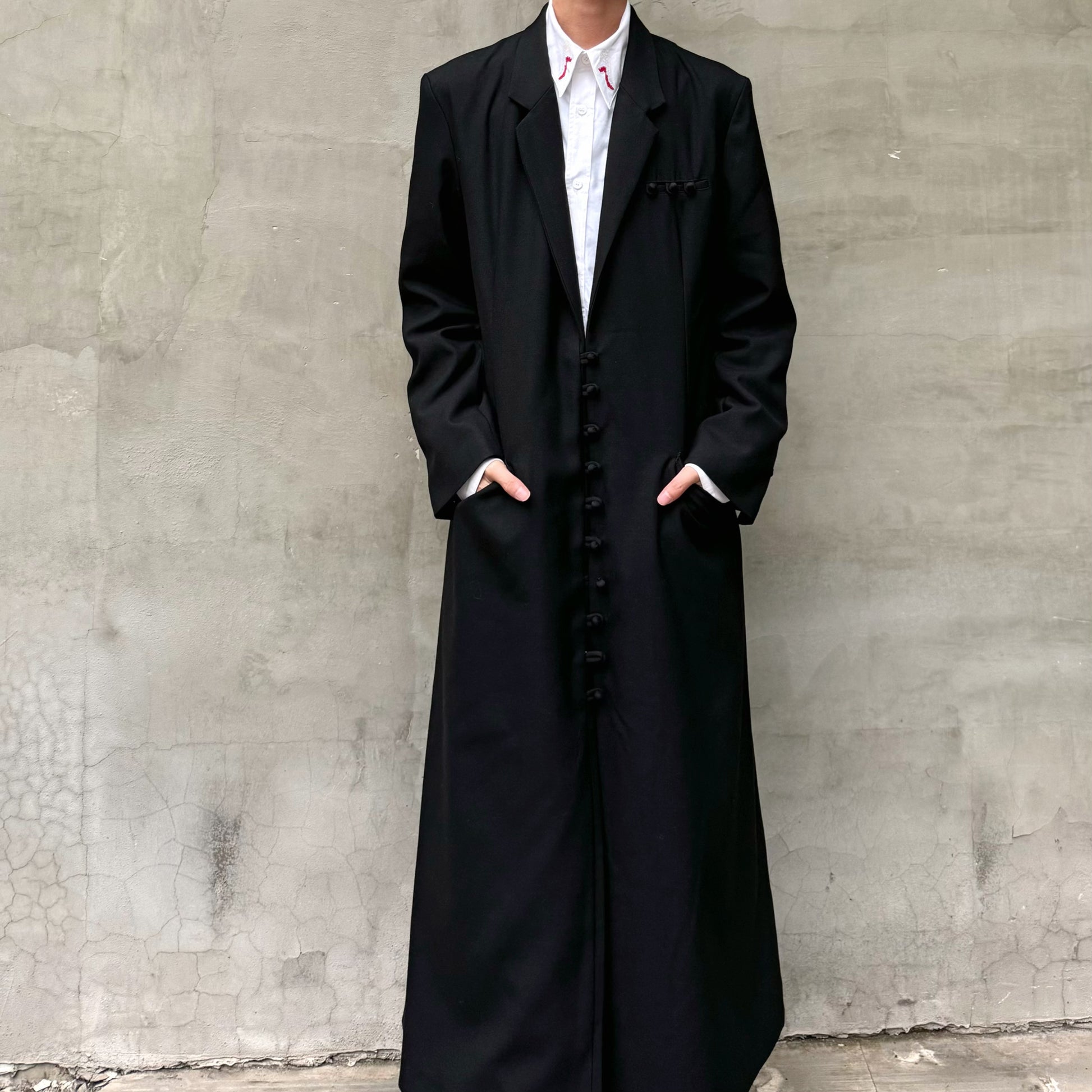 Donclick Yohji AW18 Monastic Collection Tuxedo-Wrap Fabric Buttons Wool Overcoat