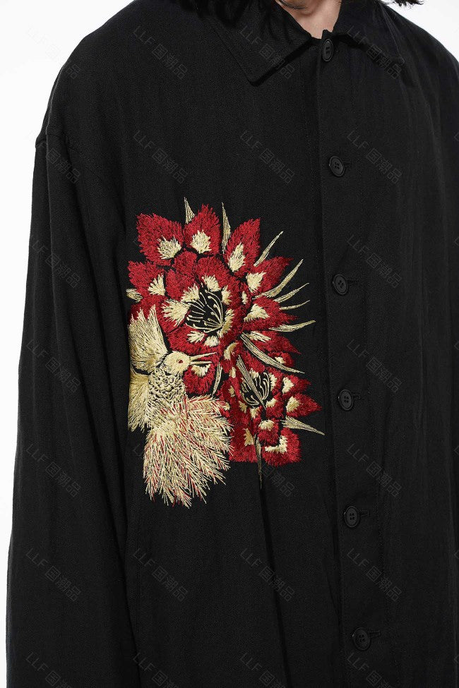 Yohji Yamamoto Hummingbird Embroidered Silk-Linen Jacket Long Sleeve