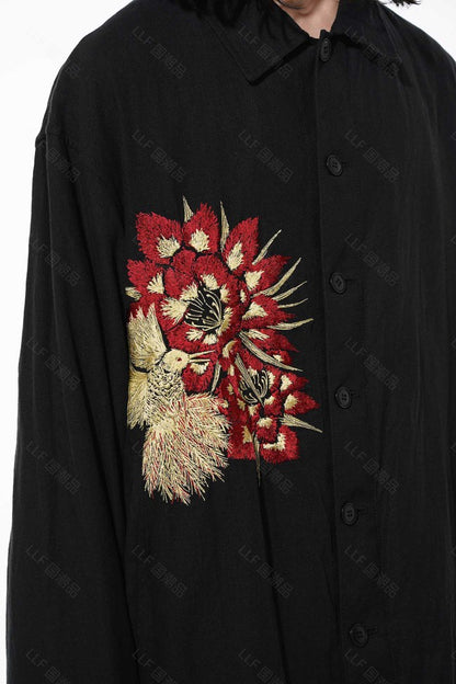 Yohji Yamamoto Hummingbird Embroidered Silk-Linen Jacket Long Sleeve