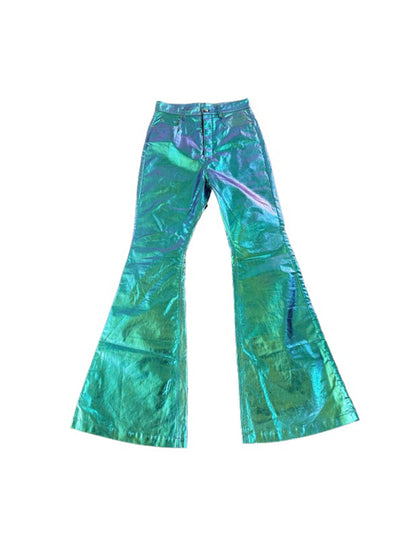 Rick Owen Acbt Coated Green Iridescent Flared Jeans - Wide-Leg Stacked Pants