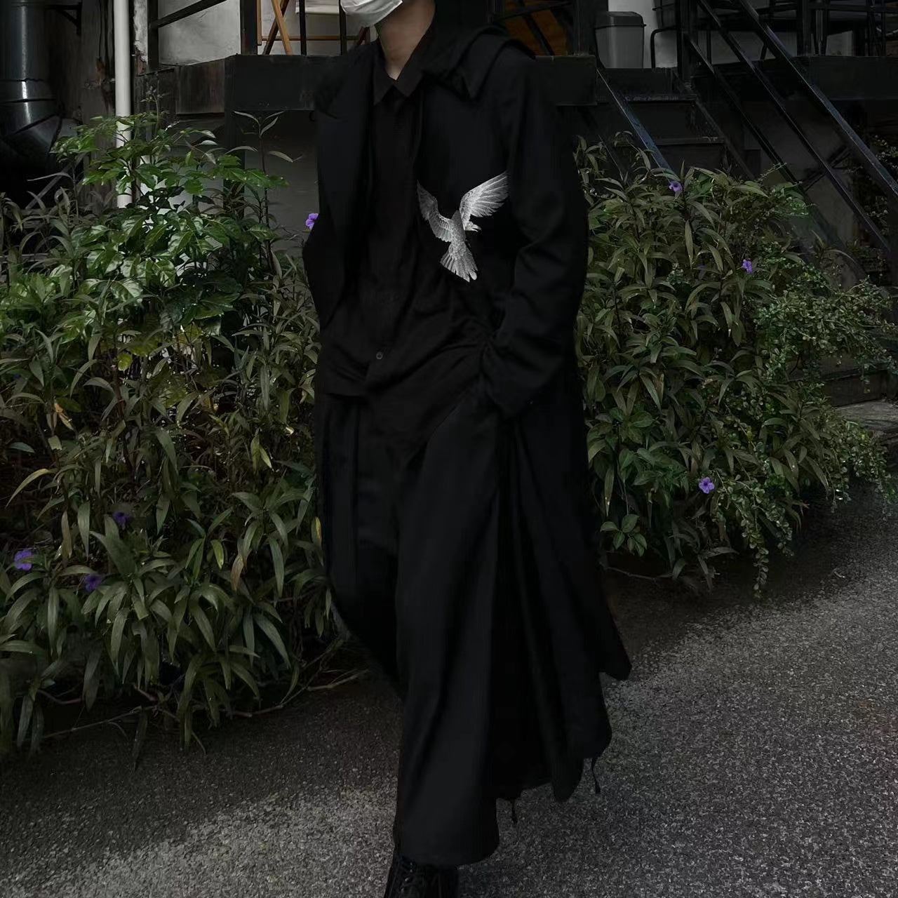 Yohji Wool Trench Coat - Double-Layered Collar White Raven Embroidery