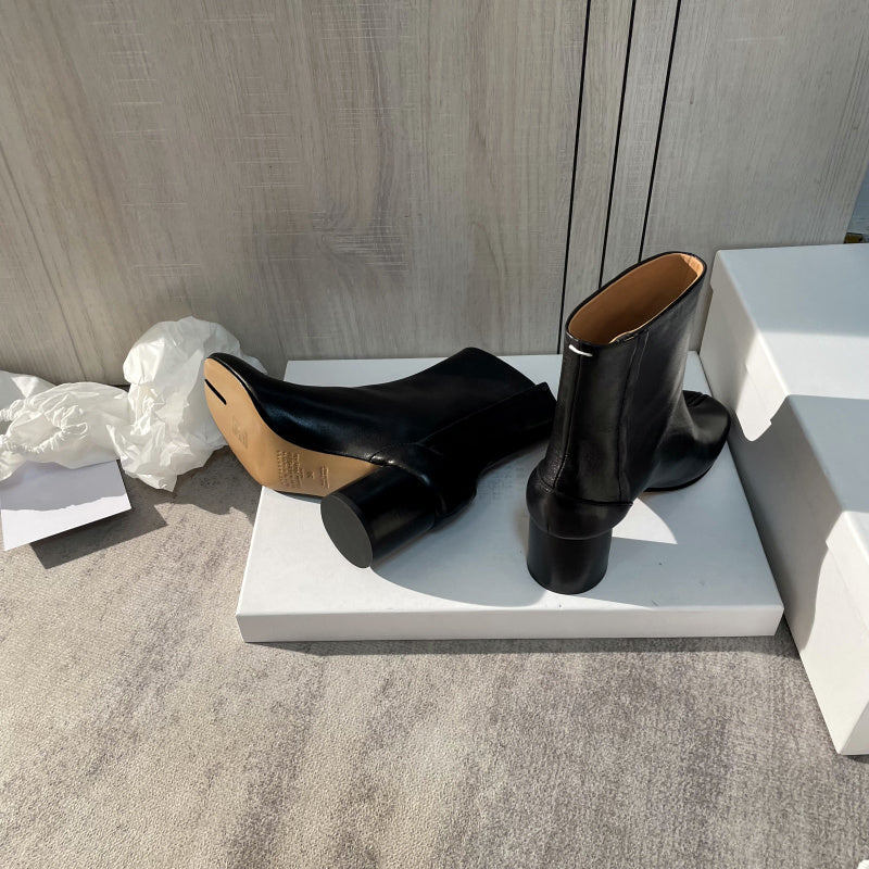 25AW Women’s Tabi Heel Boots - 8cm Stiletto Calfskin Split-Toe Ankle Boots