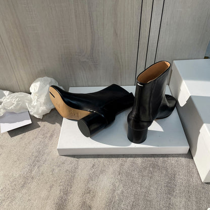 25AW Women’s Tabi Heel Boots - 8cm Stiletto Calfskin Split-Toe Ankle Boots