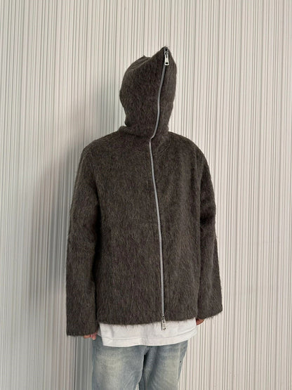 Our Legacy Grey Mohair Zip Cardigan – Wool Blend Relaxed Hooded Knit