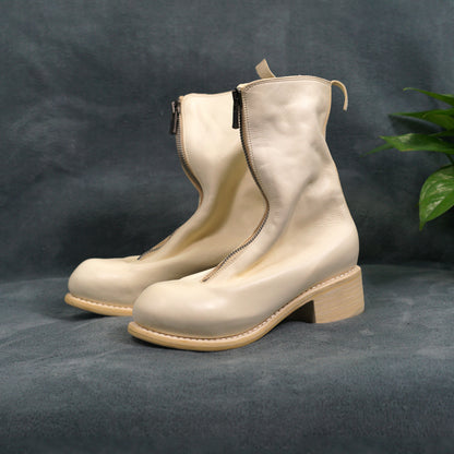 Guidi Horse Leather Distressed Chunky Heel Mid-Calf Ankle Boots PL1/2 Front-Zip