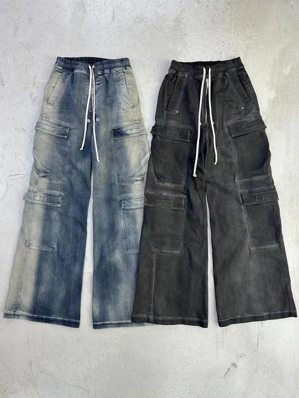23SS Rick Owen Wide-Leg Washed Gray Jeans Ash Gray Unisex Cargo Pants - Size avaliable S ~ L
