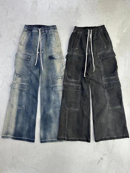 23SS Rick Owen Wide-Leg Washed Gray Jeans Ash Gray Unisex Cargo Pants - Size avaliable S ~ L