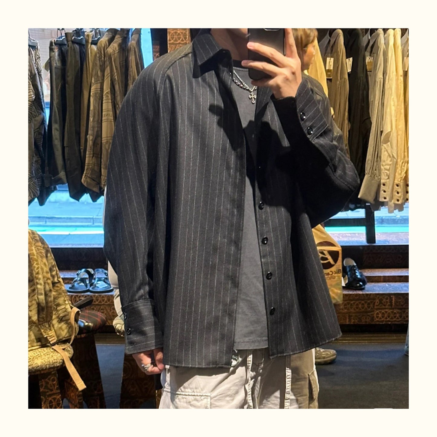 Nemeth 24AW Knot Print Shirt – Oversized Striped Long Sleeve Jacket
