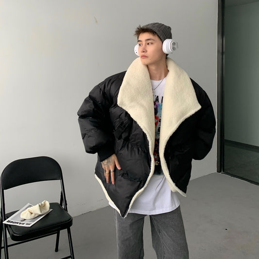 Donclickin Minimalist Shearling Cotton Jacket – Korean Oversized Turn-Down Collar