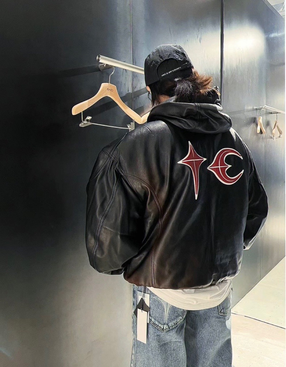 Thug Club Washed Black Hooded Leather Jacket - Cropped Biker Coat - 