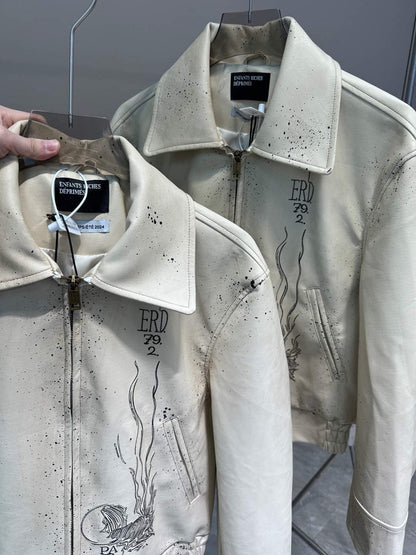 ERD SS24 Depressed Heir Embroidered Splatter Leather Biker Jacket Wookvibe