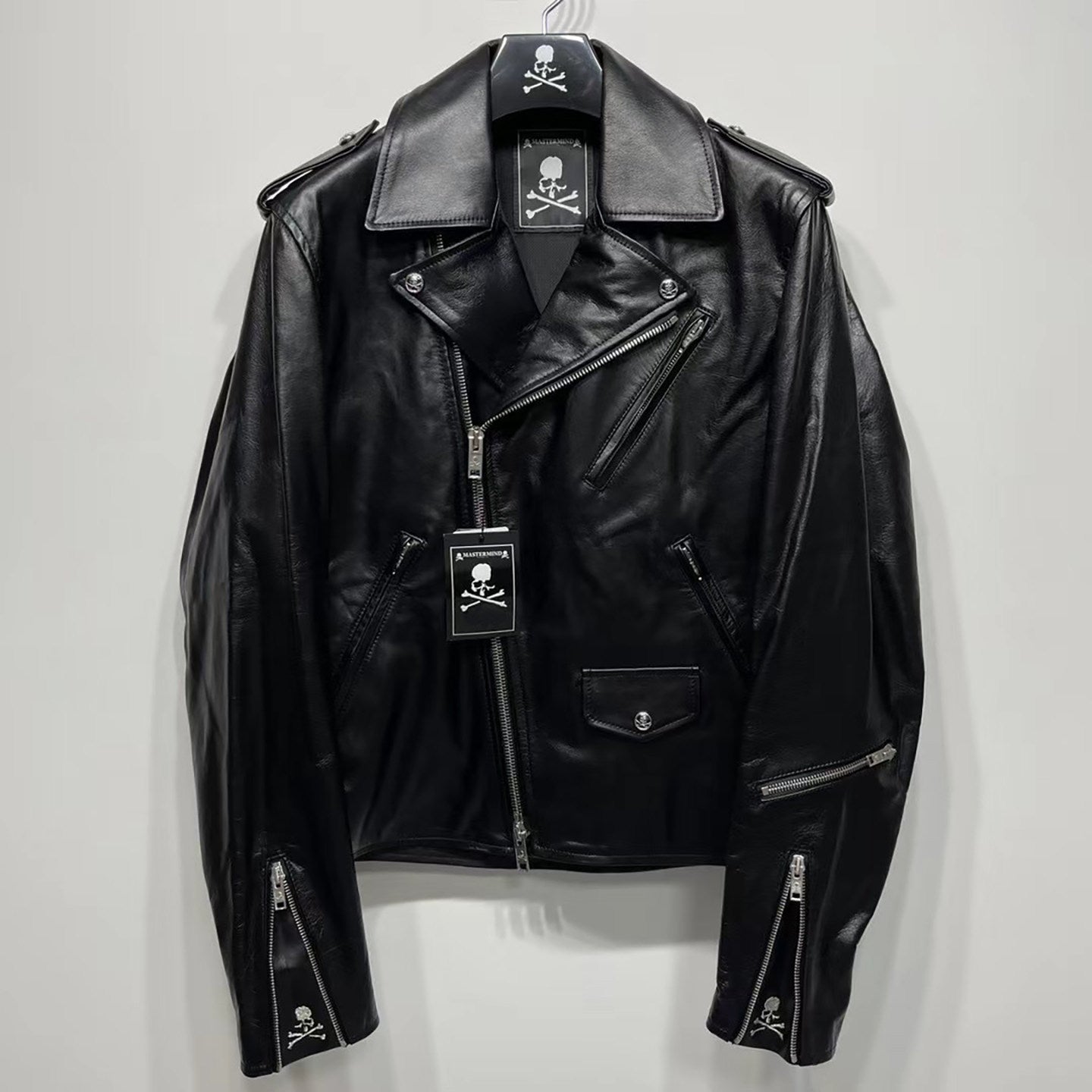 MASTERMIND Skull Embroidery Cowhide Biker Jacket - Luxury Darkwear
