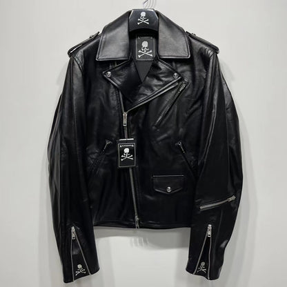 MASTERMIND Skull Embroidery Cowhide Biker Jacket - Luxury Darkwear
