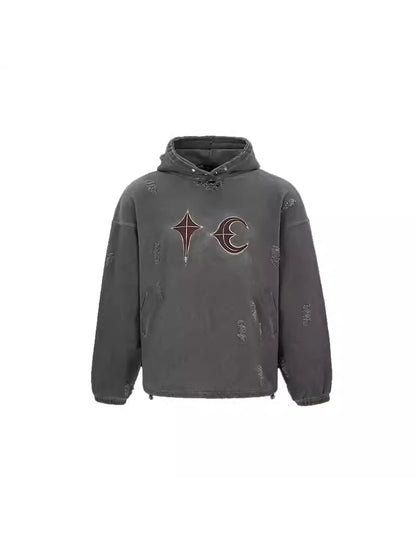 Thug Club Heavy Washed Distressed Patchwork Leather Embroidered Ripped Hoodie - Size avaliable S M L