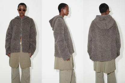 Our Legacy Grey Mohair Zip Cardigan – Wool Blend Relaxed Hooded Knit