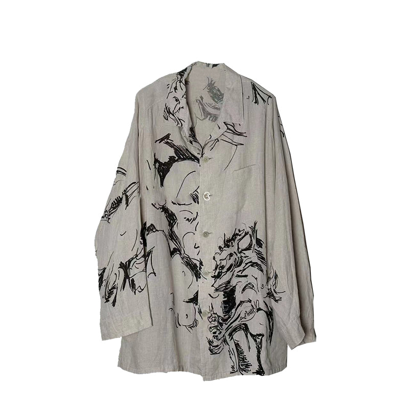 Yohji Linen Shirt – Yuuka Asakura Yamamoto Hand-Painted Beast Motif