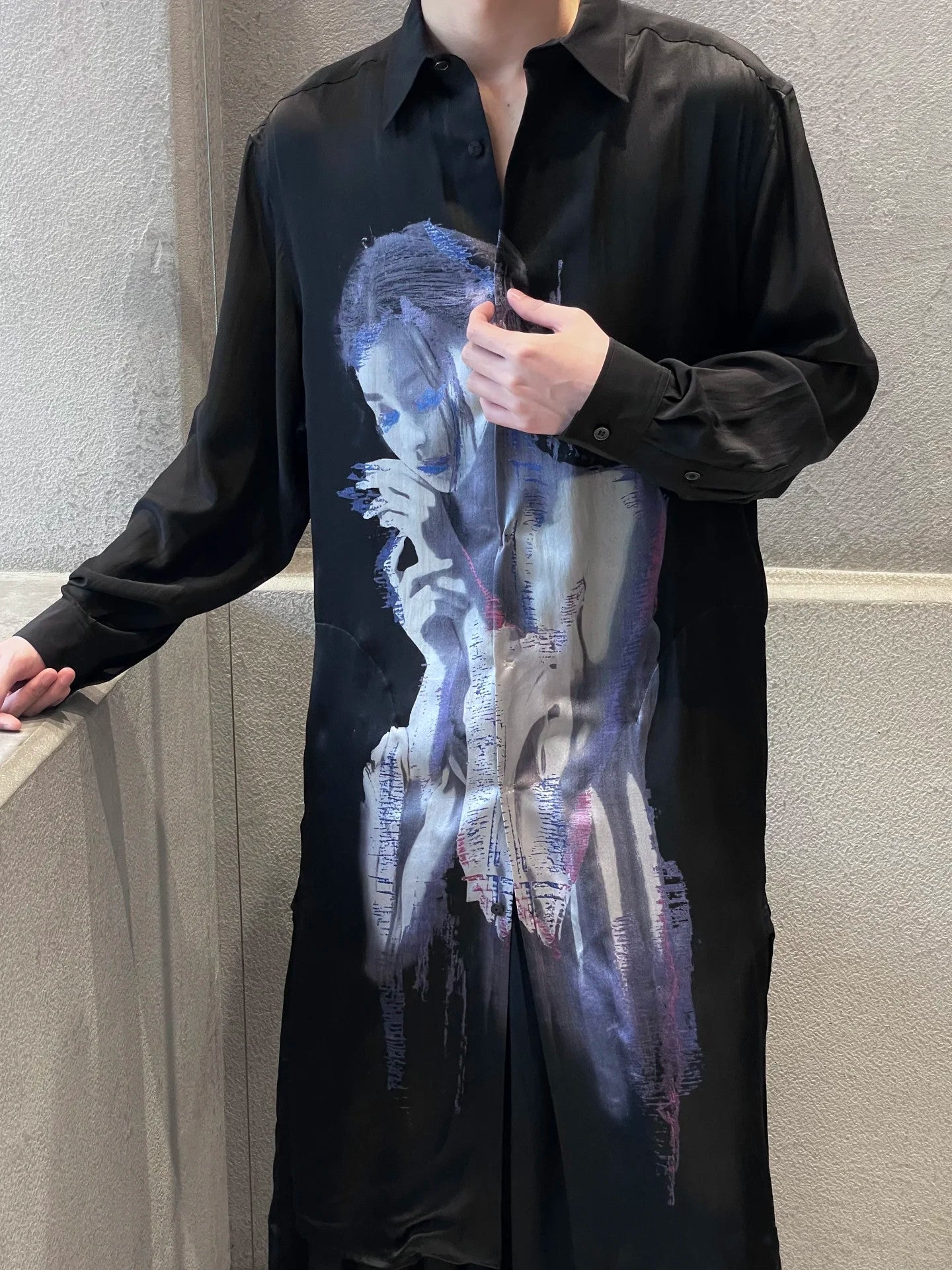 Yohji Portrait Print Shirt - Oversized Longline Designer Unisex Blouse