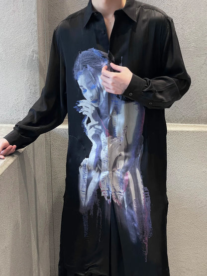 Yohji Portrait Print Shirt - Oversized Longline Designer Unisex Blouse