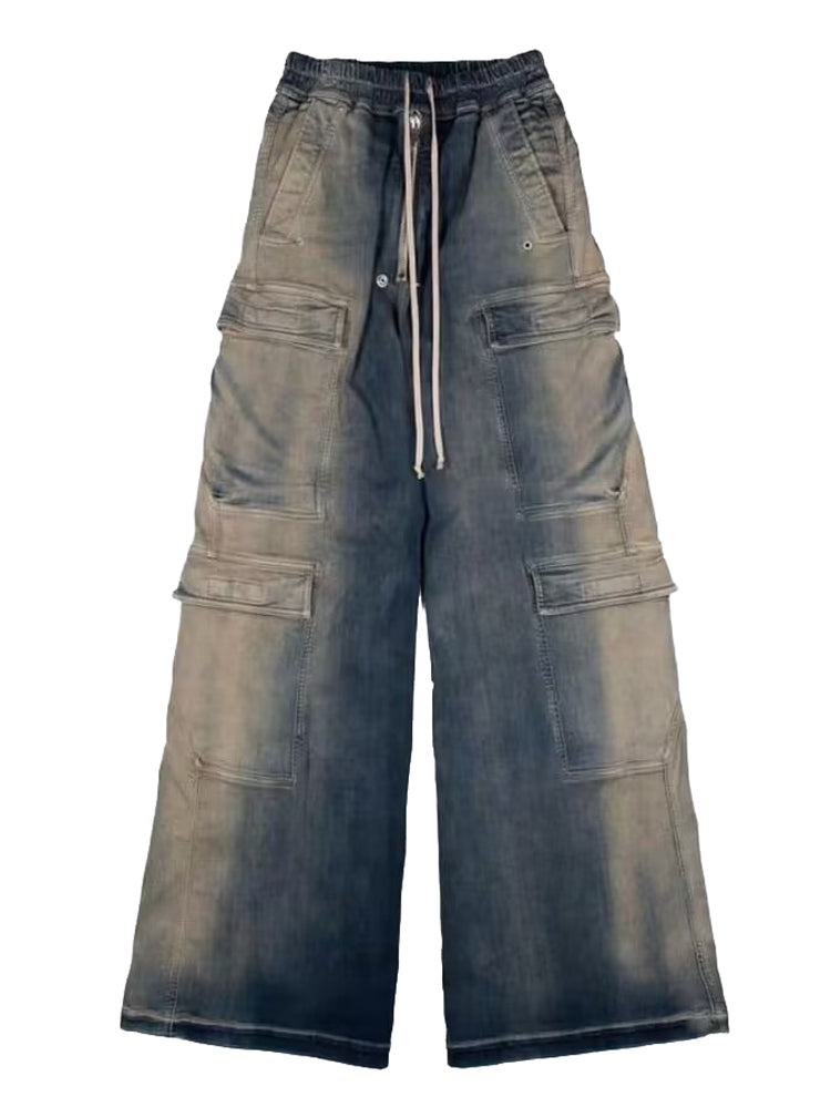 Ro Washed Gradient Multi-Pocket Cargo Jeans Straight Drawstring Wide-Leg Flare - Size avaliable S 46 M 48 L 50