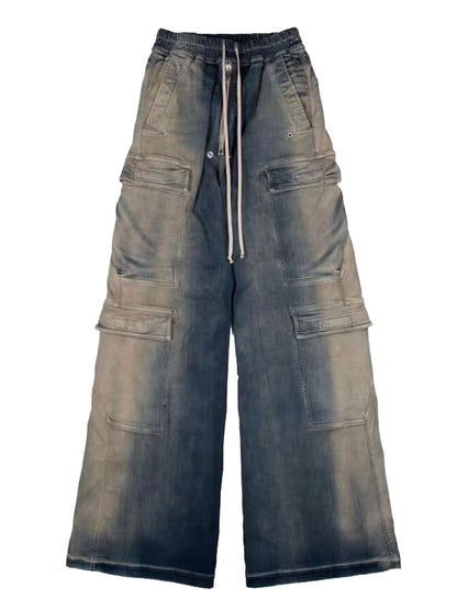 Ro Washed Gradient Multi-Pocket Cargo Jeans Straight Drawstring Wide-Leg Flare - Size avaliable S 46 M 48 L 50
