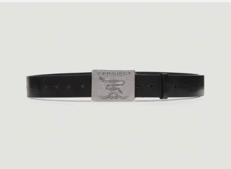 Y/Project 23SS Runaway Distressed Silver Plaque Genuine Leather Belt