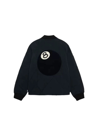 23FW Stussy 8 BALL Black Diamond Grid Zipper Jacket Loose Casual Retro Cotton Outerwear - Black