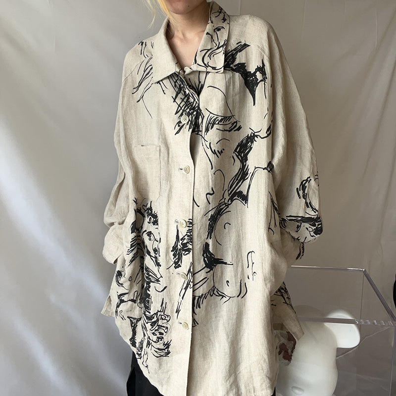 Yohji Linen Shirt – Yuuka Asakura Yamamoto Hand-Painted Beast Motif