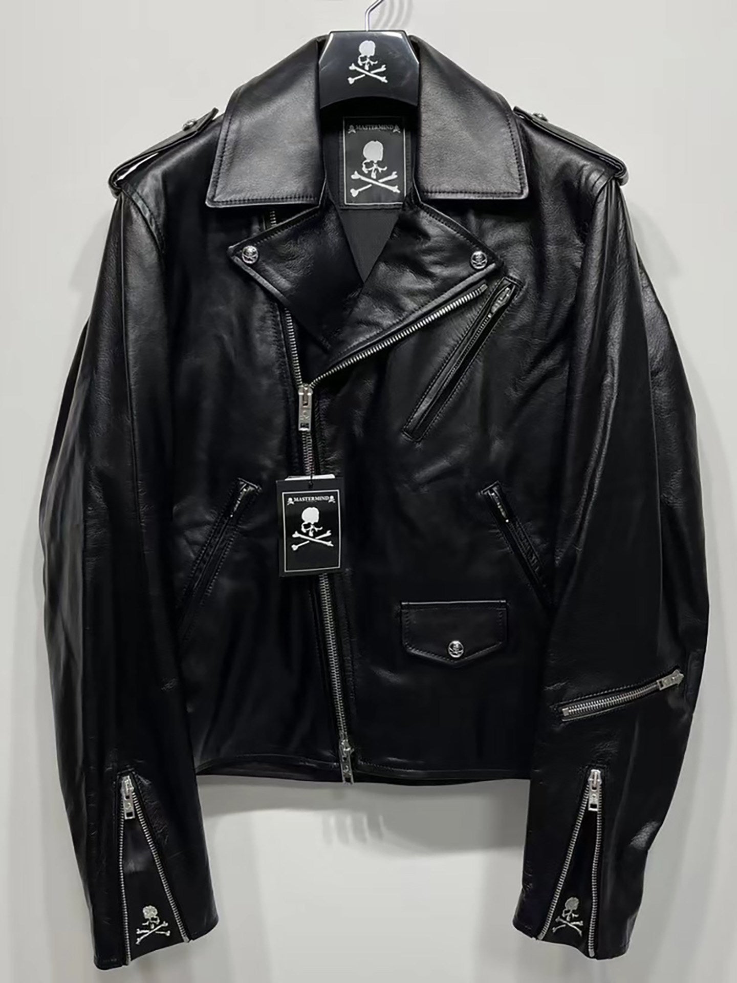 MASTERMIND Skull Embroidery Cowhide Biker Jacket - Luxury Darkwear