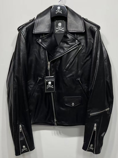 MASTERMIND Skull Embroidery Cowhide Biker Jacket - Luxury Darkwear