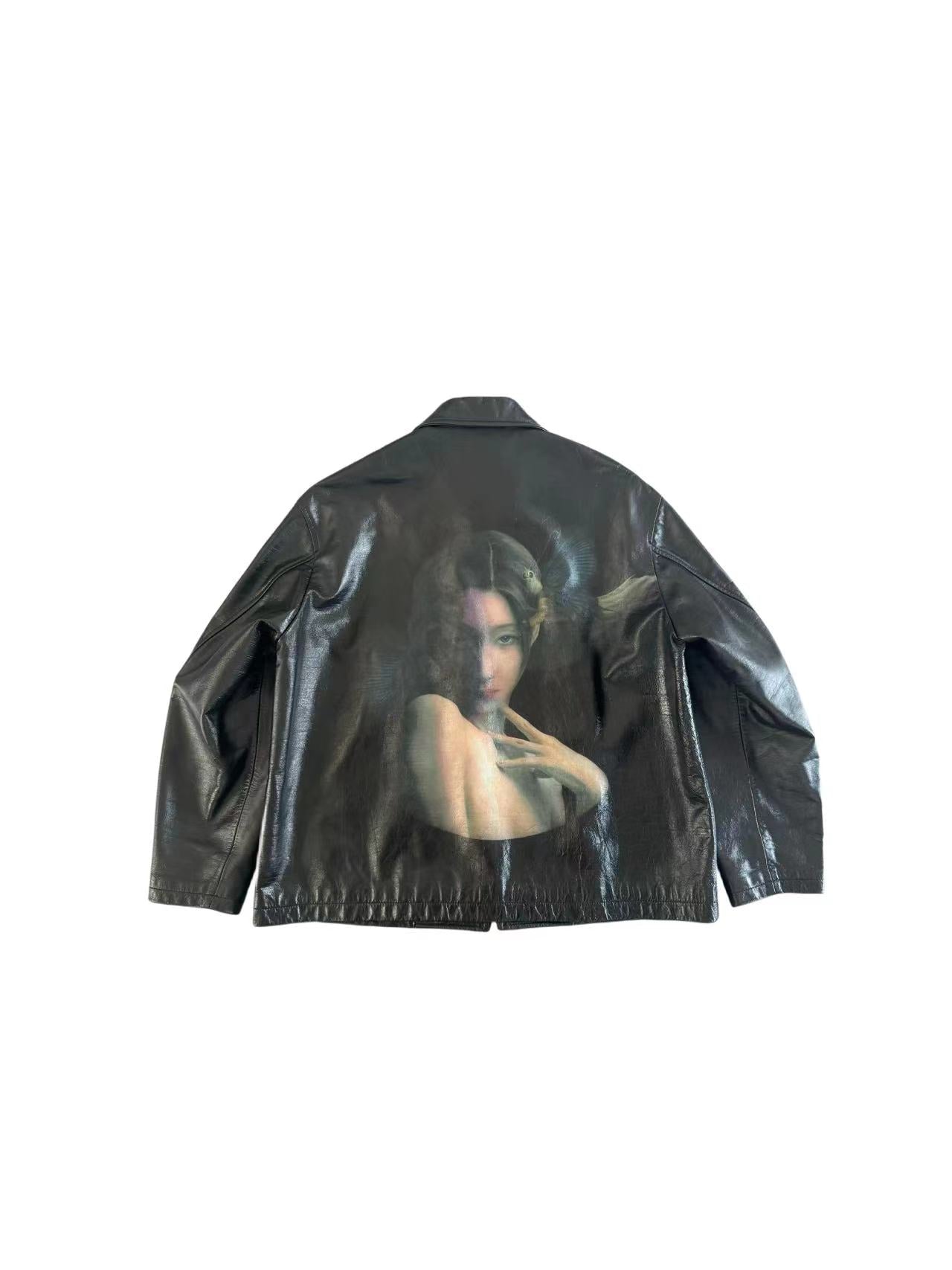 Yohji Yamamoto Uchida Suzume - Wheel of Fortune Portrait Print Genuine Leather Jacket