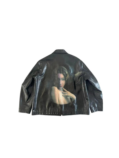 Yohji Yamamoto Uchida Suzume - Wheel of Fortune Portrait Print Genuine Leather Jacket