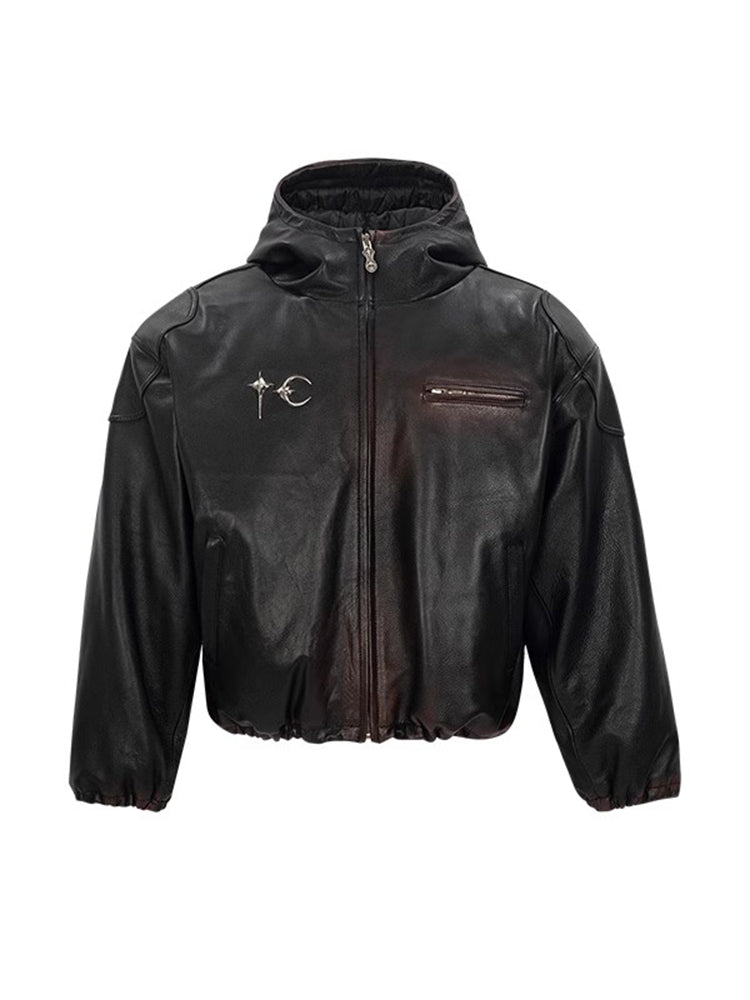 Thug Club Heavyweight Washed Goatskin Hooded Leather Short Padded Jacket