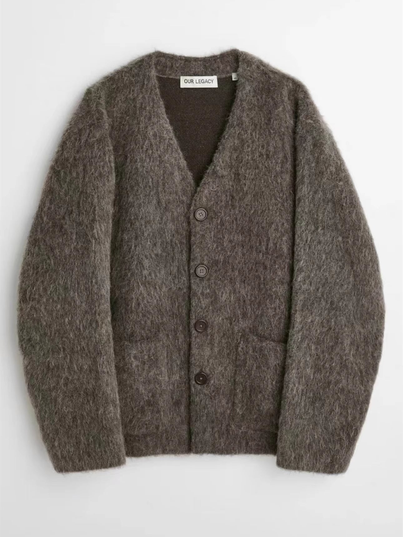 Our Legacy Gray-Brown Mohair Cardigan Wool Blend Knitted Long Sleeve V-Neck Sweater