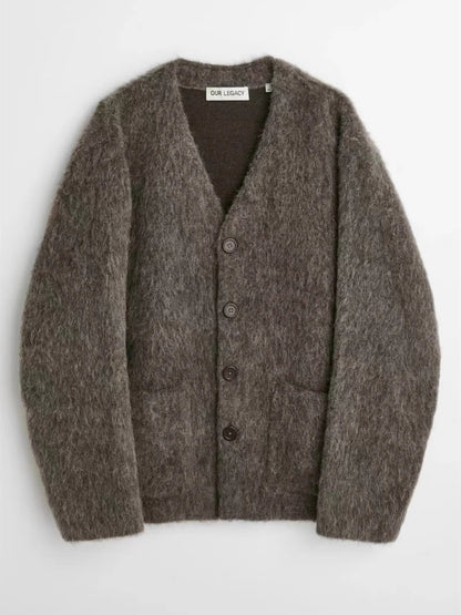 Our Legacy Gray-Brown Mohair Cardigan Wool Blend Knitted Long Sleeve V-Neck Sweater