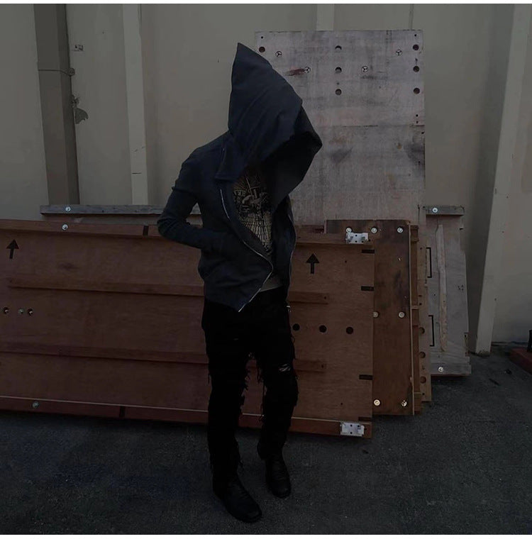 RO Dark Wizard Rick Owen Hoodie - Asymmetric Zip Avant-garde Black Winter Fleece