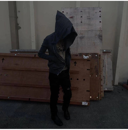 RO Dark Wizard Rick Owen Hoodie - Asymmetric Zip Avant-garde Black Winter Fleece