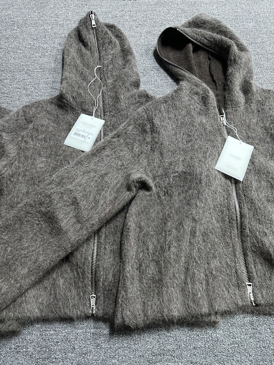 Our Legacy Grey Mohair Zip Cardigan – Wool Blend Relaxed Hooded Knit