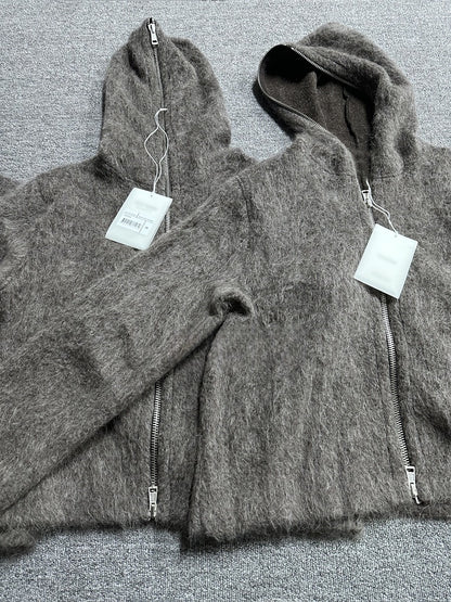 Our Legacy Grey Mohair Zip Cardigan – Wool Blend Relaxed Hooded Knit