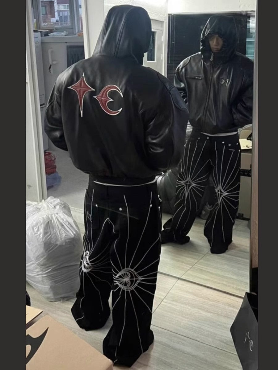Thug Club Washed Black Hooded Leather Jacket - Cropped Biker Coat - 