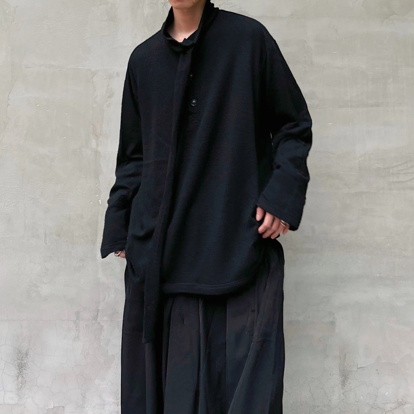 Yohji Yamamoto Merino Wool Knit Sweater Turtleneck Integrated Tie Scarf