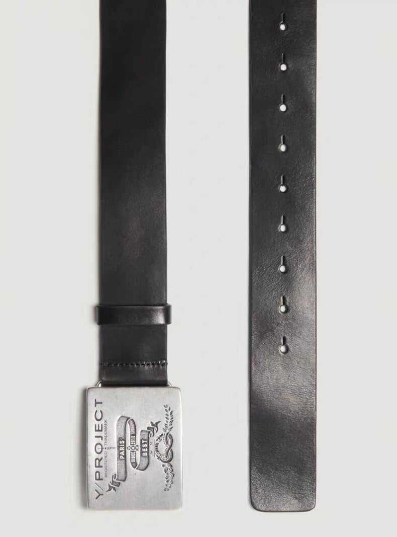 Y/Project 23SS Runaway Distressed Silver Plaque Genuine Leather Belt