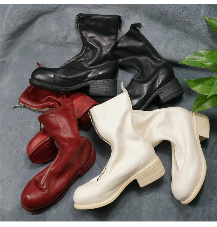 Guidi Horse Leather Distressed Chunky Heel Mid-Calf Ankle Boots PL1/2 Front-Zip