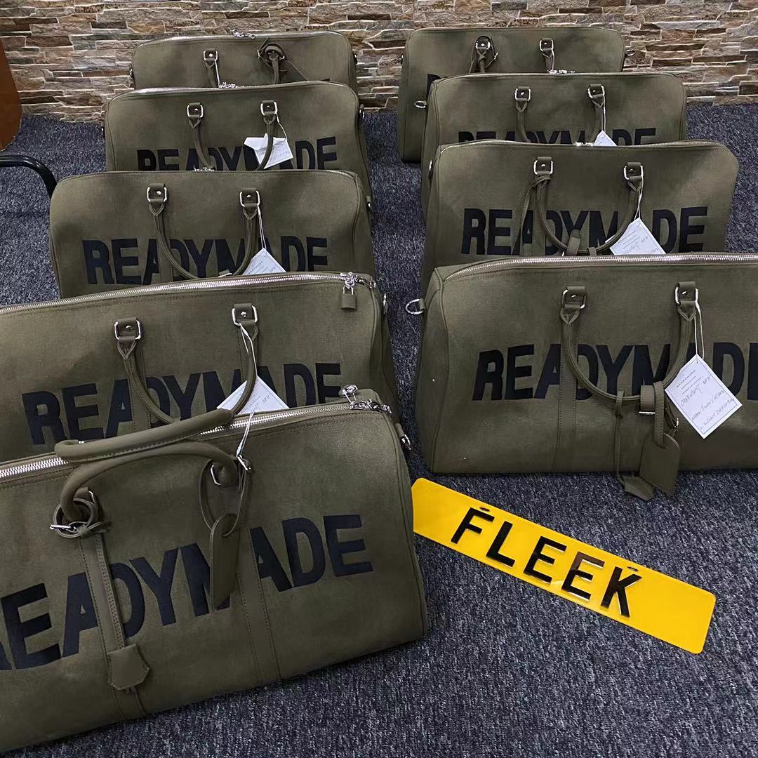 Readymade Overnight Bag - Army Green Canvas Embroidered Travel Bucket Gym Bag - Green