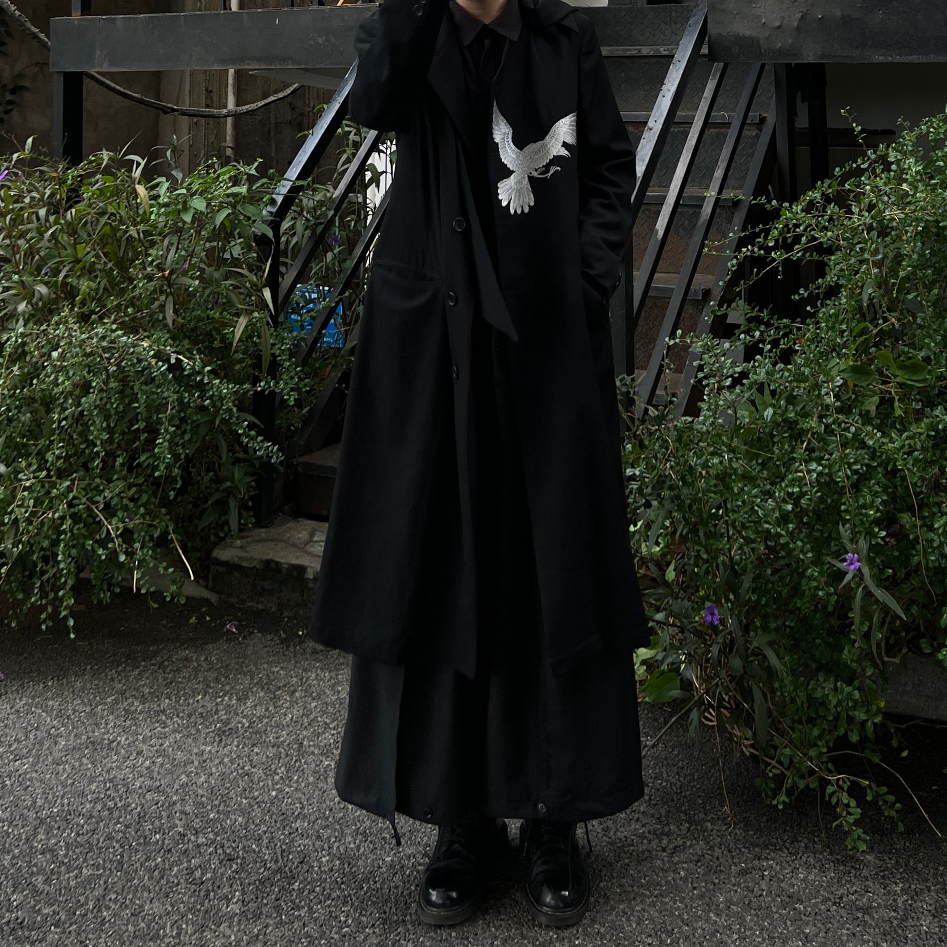 Yohji Wool Trench Coat - Double-Layered Collar White Raven Embroidery