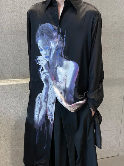 Yohji Portrait Print Shirt - Oversized Longline Designer Unisex Blouse