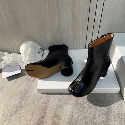 25AW Women’s Tabi Heel Boots - 8cm Stiletto Calfskin Split-Toe Ankle Boots